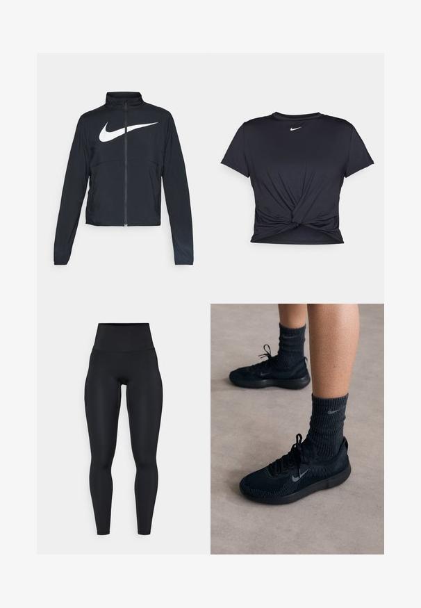 Črna športna jakna z polnim zadrgo, visokim ovratnikom, dolgimi rokavi in velikim belim logotipom Nike swoosh čez prsi.; Črna atletska majica iz gladkega materiala, z vozlanim sprednjim delom in majhnim belim logotipom Nike na prsih.; Črne legice z visokim pasom, narejene iz raztegljivega materiala, s gladko teksturo, prilegajočim se oblikovanjem in podrobnostmi stranske žepke.; Črne Nike teniske z strukturiranim pletenim zgornjim delom, s sivim swoosh logotipom, v kombinaciji s temnimi rebrastimi nogavicami. Udoben gumijast podplat.