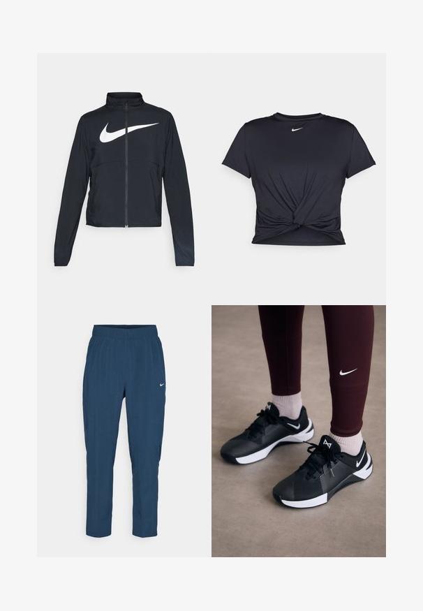 Melnā sporta jaka ar pilnu rāvējslēdzēju, augstu apkakli, garām piedurknēm un lielu baltu Nike swoosh logotipu krūšu daļā.; Melna sporta t-kreklu ar gludu audumu, ar mezglošanas priekšpusi un mazu baltu Nike logotipu uz krūšu daļas.; Jūras zils sporta bikses ar elastīgu jostu, sānu kabatām un mazu baltu logotipu uz kreisā augšstilba. Gluda, viegla auduma.; Melni sporta apavi ar strukturētu virsmu un baltām akcentēm, ar auklām un sānu logo. Nēsāti ar bordo legingiem un gaišām zeķēm.