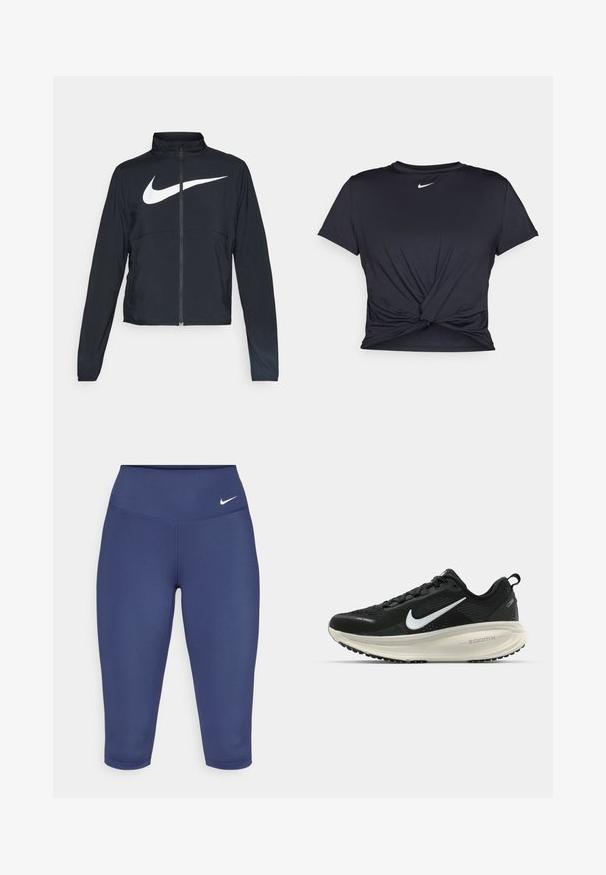 Črna športna jakna z polnim zadrgo, visokim ovratnikom, dolgimi rokavi in velikim belim logotipom Nike swoosh čez prsi.; Črna atletska majica iz gladkega materiala, z vozlanim sprednjim delom in majhnim belim logotipom Nike na prsih.; Mornarsko modre capri leggins hlače iz raztegljive tkanine, z širokim pasom in malim belim logotipom na levi strani. Brez vidnih šivov.; Črne Nike tekaške čevlje z zračno mrežno zgornjim delom, belim logotipom Swoosh, teksturiranimi detajli in smetanasto barvnim srednjim delom ZoomX.