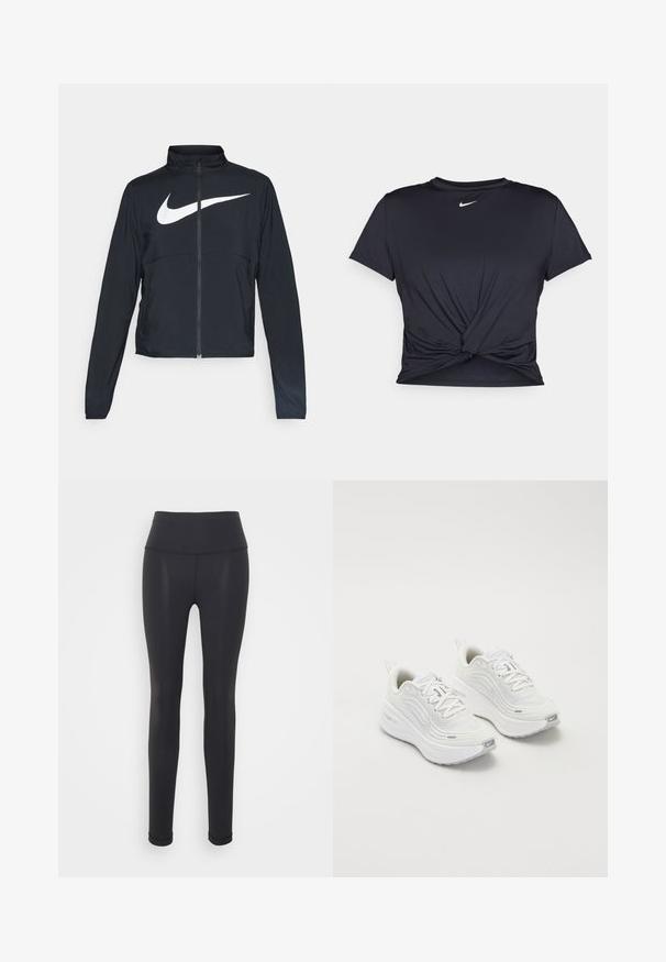 Must musta täispikk vary hoodie kõrge krae, pikad varrukad ja suur valge Nike swooshi logo rinnal.; Mustmust musta sportlik T-särk, mis on valmistatud sujuvast kangast, millel on sõlmega esikülg ja väike valge Nike logo rinnal.; Mustad mustreid retuusid, mis on valmistatud venivast kangast, kõrge vöökoha, kehakujulise disaini ja sujuva konstruktsiooniga, sobivad aktiivseks kandmiseks.; Valged spordijalatsid, millel on tekstureeritud võrkkangas üst, pehme tallaga ja peened hallid aktsendid. Kaasas bränding ja aasaga kannaaken mugavaks selga panemiseks.