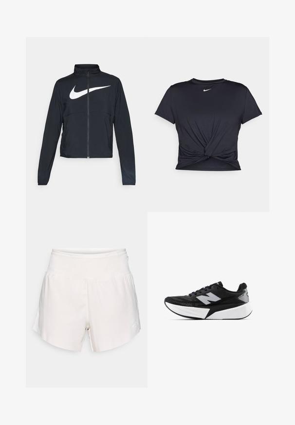 Čierna športová bunda na zips s vysokým golierom, dlhými rukávmi a veľkým bielym logom Nike na hrudi.; Čierne atletické tričko vyrobené z hladkej tkaniny, so zaväzovaným predným dizajnom a malým bielym logom Nike na hrudi.; Svetlé béžové športové kraťasy s elastickým pásom, zakriveným lemom a malým bielym logom na pravej strane. Hladká textúra látky.; Čierno-biele bežecké topánky New Balance s hrubou podrážkou, sieťovinovým zvrškom a logom "N" na boku, zobrazené z vonkajšej strany.