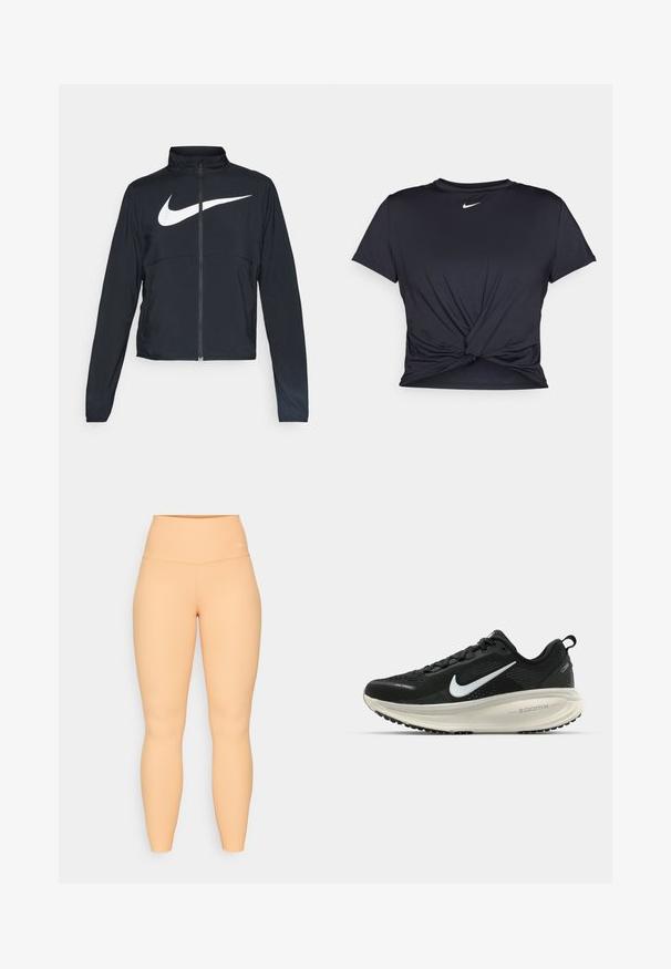 Black full-zip sports jacket with high collar, long sleeves, and large white Nike swoosh logo across the chest.; Black athletic t-shirt made of smooth fabric, featuring a knotted front design and a small white Nike logo on the chest.; High-waisted, ribbed leggings in peach color. Features a stretchy, form-fitting design with no visible hardware or patterns.; Black Nike running shoe with breathable mesh upper, white swoosh logo, textured detailing, and a cream-colored ZoomX midsole.