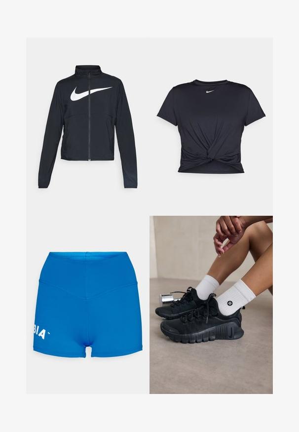 Juodas sportinis džemperis su visiškai užtraukiama užtrauktuku, aukšta apykakle, ilgomis rankovėmis ir dideliu baltu Nike swoosh logotipu per krūtinę.; Juodas sportinis marškinėlis, pagamintas iš lygios medžiagos, su surišta priekiu ir mažu baltu Nike logotipu ant krūtinės.; Mėlynos aukštos juosmens šortai, pagaminti iš tamprių medžiagų su lygiu paviršiumi. Yra logotipas kairėje kojoje ir besiūlė konstrukcija.; Juodi sportiniai bateliai su tekstūruota medžiaga, raištelių dizainu ir ryškiu padu, derinami su baltais raukšlėtais kojiniais, turinčiais mažą logotipą.