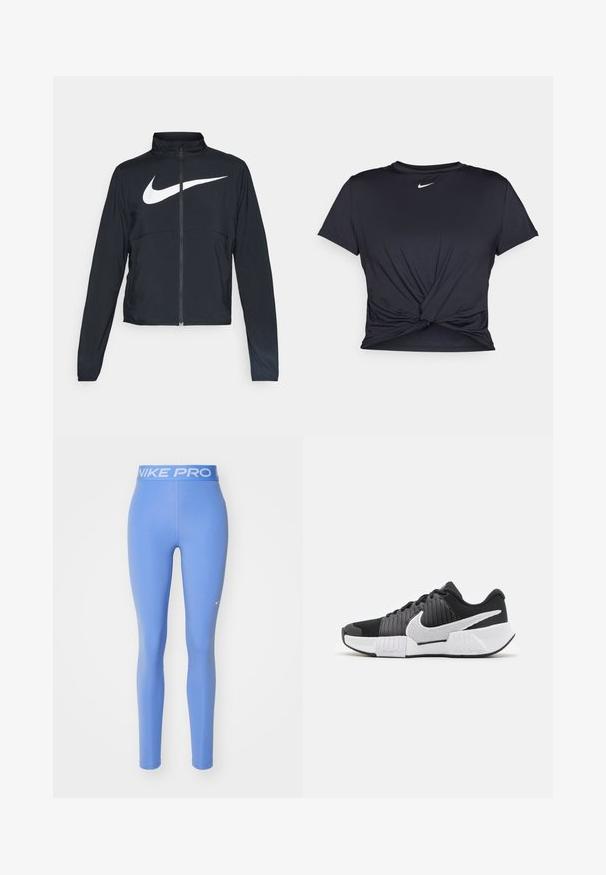 Sort fuld-zip sportsjakke med høj krave, lange ærmer og stort hvidt Nike swoosh-logo på brystet.; Sort atletisk t-shirt lavet af glat stof, med et knyttet frontdesign og et lille hvidt Nike-logo på brystet.; Nike Pro leggings, ensfarvet lyseblå, elastisk talje med hvid tekst "NIKE PRO", glat tekstur, tætsiddende design.; Sorte og hvide sportsko med en tekstureret overdel, fremtrædende Nike-swoosh og kontrasterende såledesign for forbedret greb og stabilitet.
