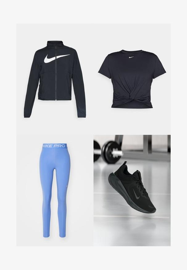 Čierna športová bunda na zips s vysokým golierom, dlhými rukávmi a veľkým bielym logom Nike na hrudi.; Čierne atletické tričko vyrobené z hladkej tkaniny, so zaväzovaným predným dizajnom a malým bielym logom Nike na hrudi.; Nike Pro legíny, jednoliata svetlomodrá farba, elastický pás s bielym textom "NIKE PRO", hladká textura, priliehavý dizajn.; Čierne športové tenisky s logom Nike, zobrazené vo vzduchu na podlahe telocvične, s rozmazaným regálom činkami v pozadí.