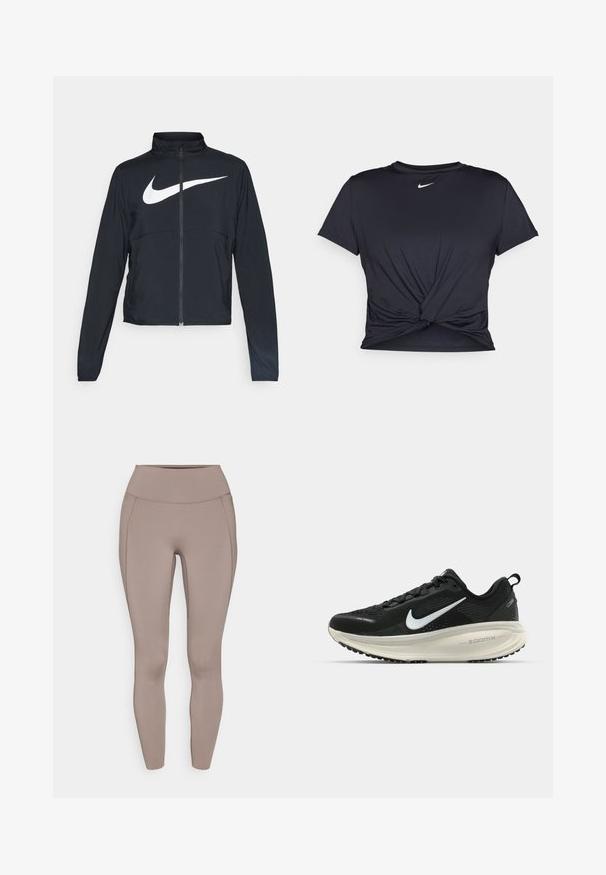 Svart sportjacka med hel dragkedja, hög krage, långa ärmar och stor vit Nike swoosh-logotyp över bröstet.; Svart atletisk t-shirt i mjukt tyg, med en knuten framdesign och en liten vit Nike-logga på bröstet.; Höga tights tillverkade av ett mjukt, elastiskt tyg i en taupefärg, med en figursydd design och subtil sömdetaljering.; Svart Nike löparsko med andningsbart mesh-ovandel, vit swoosh-logotyp, texturerad detaljering och en krämfärgad ZoomX-mellansula.