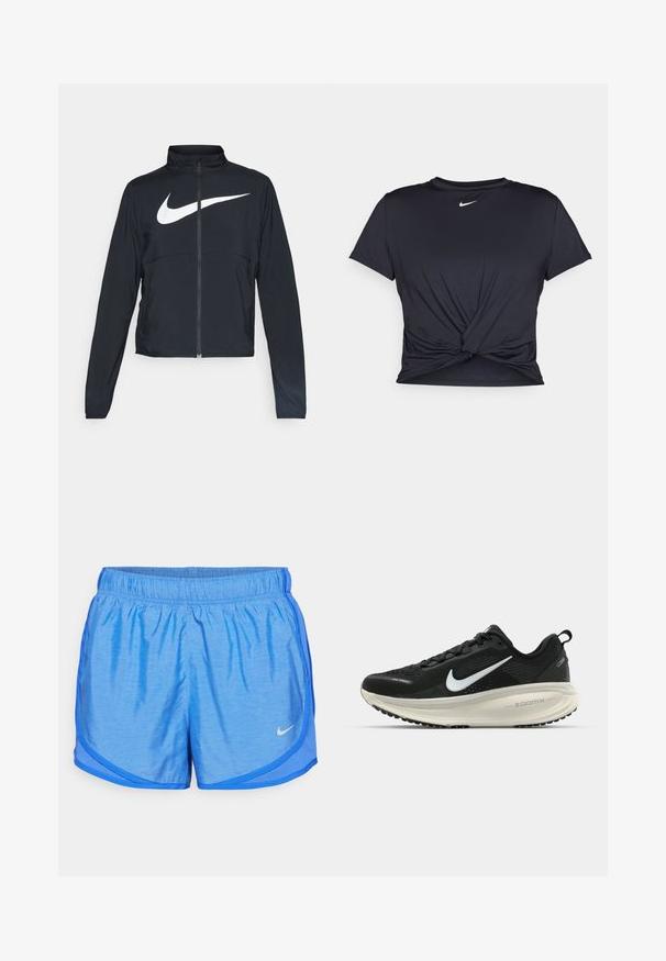 Svart joggebund med hel glidelås, høy krage, lange ermer og stort hvitt Nike swoosh-logo over brystet.; Svart trenings T-skjorte laget av glatt stoff, med en knyttet frontdesign og en liten hvit Nike-logo på brystet.; Blå treningsshorts med elastisk midje, lett stoff, buet hem og kontrasterende sidepaneldetalj. Nike-logo på nedre venstre.; Svart Nike løpesko med pustende mesh-overdel, hvit swoosh-logo, teksturert detaljer og en kremfarget ZoomX mellomsåle.