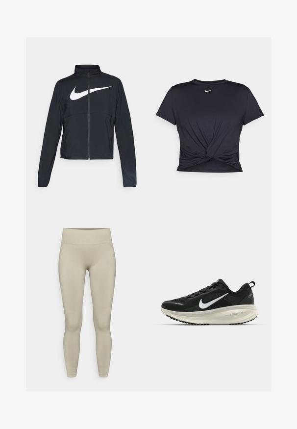 Chaqueta deportiva negra de cremallera completa con cuello alto, mangas largas y gran logo de Nike en blanco en el pecho.; Camiseta atlética negra hecha de tela suave, con un diseño de nudo en la parte delantera y un pequeño logo blanco de Nike en el pecho.; Leggings beige claro con una textura suave y elástica, cintura alta y un ajuste ceñido, con un branding minimalista en la cinturilla.; Zapatilla de running Nike negra con parte superior de malla transpirable, logo Swoosh blanco, detalles texturizados y una entresuela ZoomX de color crema.