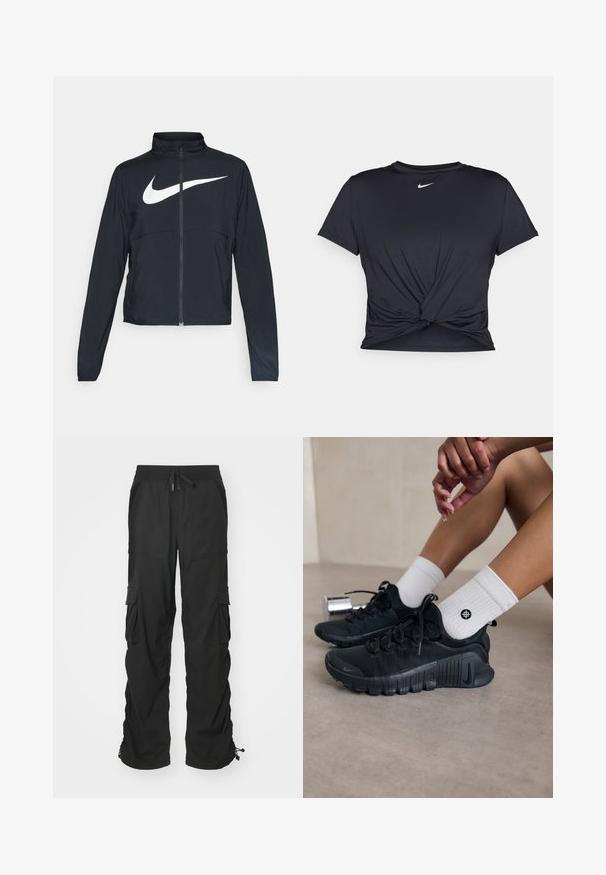 Zwarte sportjas met volledige rits, hoge kraag, lange mouwen en groot wit Nike swoosh-logo op de borst.; Zwarte sportieve T-shirt van gladde stof, met een geknoopt ontwerp aan de voorkant en een klein wit Nike-logo op de borst.; Zwarte cargo broek met een trekkoord in de taille, zijzakken en elastische boorden. Gemaakt van een gestructureerde stof voor duurzaamheid en comfort.; Zwarte sport schoenen van een gestructureerde stof, met vetersluiting en een opvallende zool, gecombineerd met witte geribbelde sokken met een klein logo.