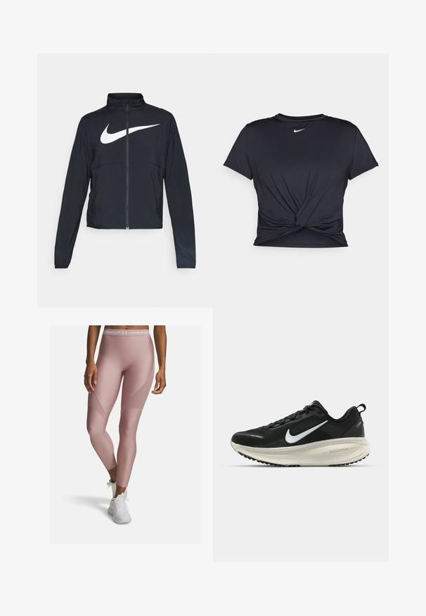 Zwarte sportjas met volledige rits, hoge kraag, lange mouwen en groot wit Nike swoosh-logo op de borst.; Zwarte sportieve T-shirt van gladde stof, met een geknoopt ontwerp aan de voorkant en een klein wit Nike-logo op de borst.; Lichtroze sportleggings van rekbaar materiaal. Heeft een hoge tailleband met witte branding en textuurpanelen aan de zijkanten.; Zwarte Nike hardloopschoen met ademend mesh bovenwerk, witte swoosh-logo, gestructureerde details en een crèmekleurige ZoomX middenzool.