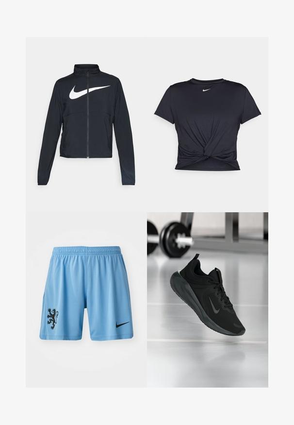Svart joggebund med hel glidelås, høy krage, lange ermer og stort hvitt Nike swoosh-logo over brystet.; Svart trenings T-skjorte laget av glatt stoff, med en knyttet frontdesign og en liten hvit Nike-logo på brystet.; Lyseblå sports-shorts laget av pustende stoff, med et svart lion-emblem på venstre bein og en svart Nike-logo på høyre.; Sorte treningssneakers med Nike-logo, vist midt i luften på gymgulvet, med uskarp manualstativ i bakgrunnen.