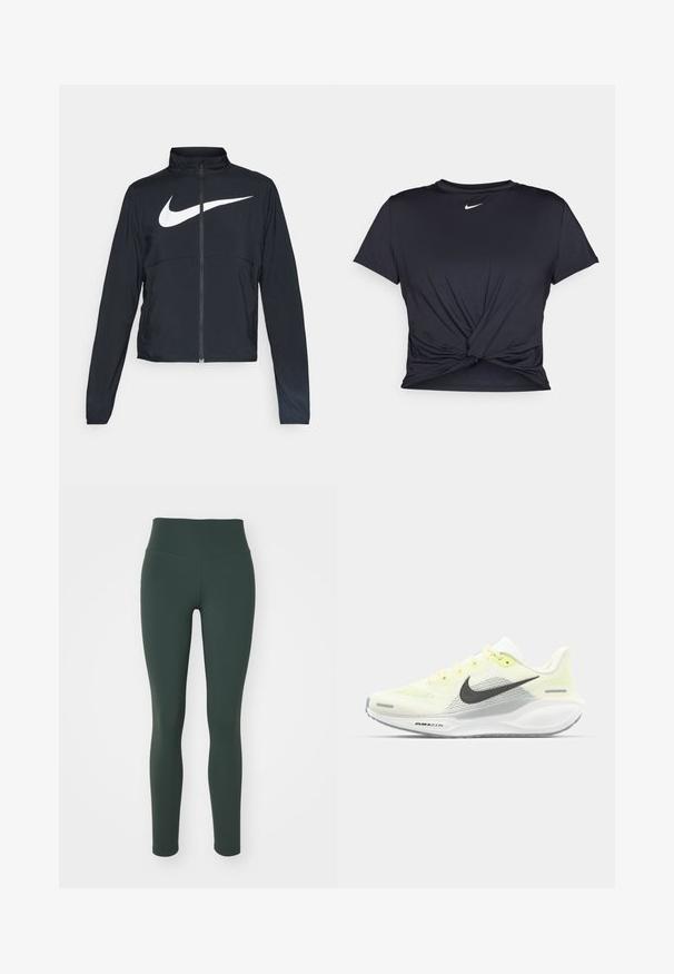 Giacca sportiva nera con zip completa, colletto alto, maniche lunghe e grande logo swoosh bianco Nike sul petto.; Maglietta atletica nera realizzata in tessuto liscio, con un design anteriore annodato e un piccolo logo Nike bianco sul petto.; Nike Performance ONE - Leggings - vintage green; Scarpe da corsa Nike con una tomaia in rete giallo chiaro e bianco, dettagli grigi e una suola in gomma flessibile. Presentano una chiusura con lacci.