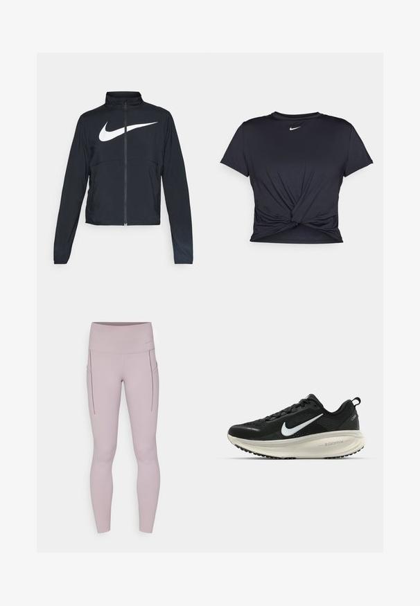 Svart joggebund med hel glidelås, høy krage, lange ermer og stort hvitt Nike swoosh-logo over brystet.; Svart trenings T-skjorte laget av glatt stoff, med en knyttet frontdesign og en liten hvit Nike-logo på brystet.; Leggings i lys mauve, laget av stretchy stoff, med høy midje og sidelommer med sømdetaljer.; Svart Nike løpesko med pustende mesh-overdel, hvit swoosh-logo, teksturert detaljer og en kremfarget ZoomX mellomsåle.