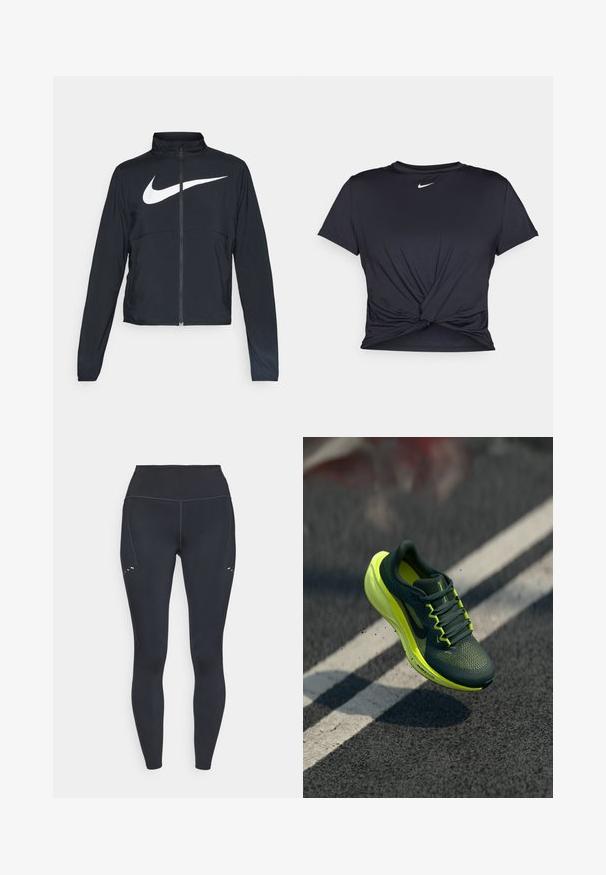 Black full-zip sports jacket with high collar, long sleeves, and large white Nike swoosh logo across the chest.; Black athletic t-shirt made of smooth fabric, featuring a knotted front design and a small white Nike logo on the chest.; Black leggings with a high waistband, made of stretchy material, featuring subtle stitching details and small cutouts on the upper thigh.; Dark green and neon yellow Nike running shoe mid-air above asphalt with white lane markings, kicking up small dirt particles.