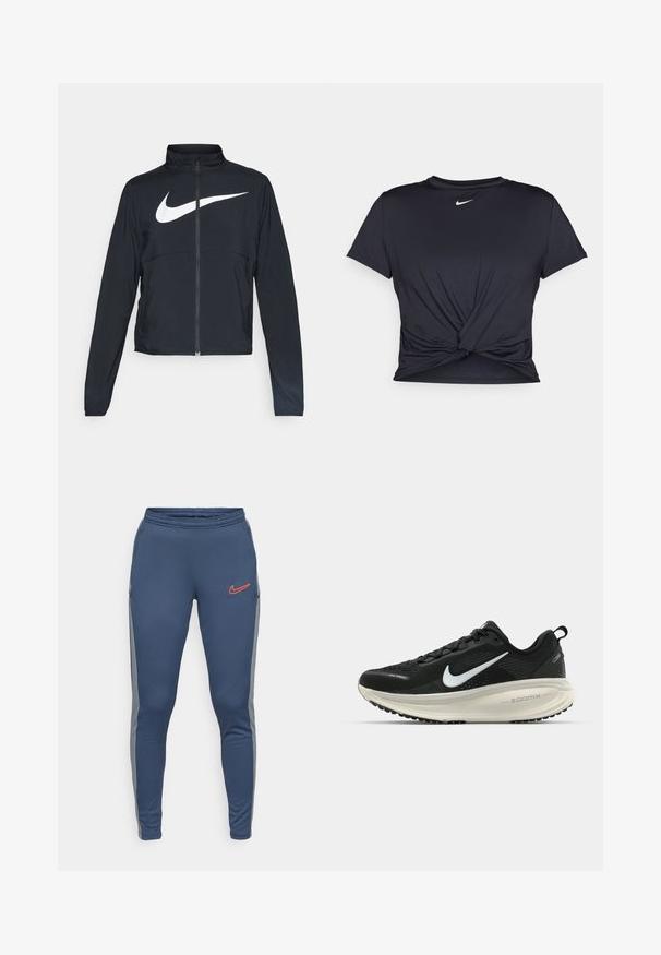 Black full-zip sports jacket with high collar, long sleeves, and large white Nike swoosh logo across the chest.; Black athletic t-shirt made of smooth fabric, featuring a knotted front design and a small white Nike logo on the chest.; Navy athletic pants with a drawstring waist, grey side panels, and an orange Nike logo on the left leg. Smooth, stretchy fabric.; Black Nike running shoe with breathable mesh upper, white swoosh logo, textured detailing, and a cream-colored ZoomX midsole.