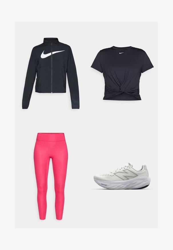 Černá sportovní bunda na zip s vysokým límcem, dlouhými rukávy a velkým bílým logem Nike swoosh přes prsa.; Černé sportovní tričko vyrobené z hladkého materiálu, s uzlovým designem vpředu a malým bílým logem Nike na hrudi.; Růžové legíny se strukturálním vzorem, vysokým pasem a přiléhavým střihem. Vyrobeny z elastického materiálu, který se přizpůsobuje postavě.; Bílé sportovní boty s síťovaným svrškem, vybavené polstrovaným límcem, texturovanou podrážkou a logem "Fresh Foam" na mezipodešvi.