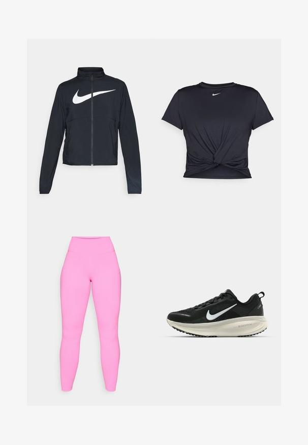 Giacca sportiva nera con zip completa, colletto alto, maniche lunghe e grande logo swoosh bianco Nike sul petto.; Maglietta atletica nera realizzata in tessuto liscio, con un design anteriore annodato e un piccolo logo Nike bianco sul petto.; Leggings rosa con vita alta, realizzati in materiale elastico. Presentano tasche laterali e una texture liscia, che si estende fino alla caviglia.; Scarpa da corsa nera Nike con tomaia in rete traspirante, logo Swoosh bianco, dettagli testurizzati e intersuola ZoomX di colore crema.