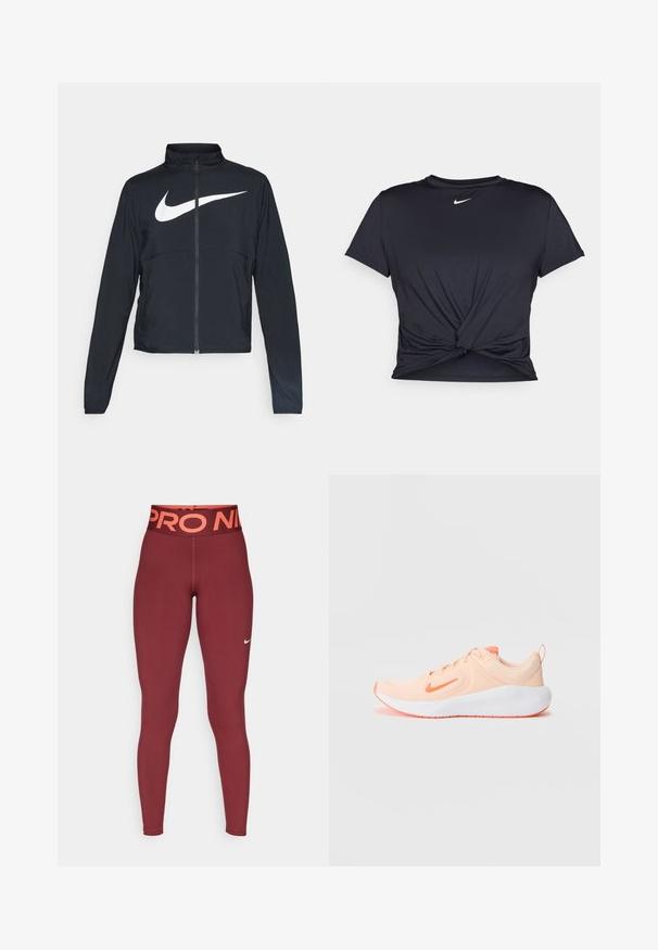 Crna sportska jakna s punim patentnim zatvaračem, visokim ovratnikom, dugim rukavima i velikim bijelim Nike swoosh logom preko grudi.; Crni trenirac s kratkim rukavima izrađen od glatkog materijala, s čvorastim dizajnom sprijeda i malim bijelim Nike logotipom na prsima.; Bordo legging s širokim narančastim pojasom "PRO NIKE". Izrađeni su od rastezljivog materijala i imaju mali bijeli Nike logo na donjem dijelu noge.; Svijetlosmeđa atletska cipela s bijelim međuslojem i koraljnim naglascima. Ima teksturirani gornji dio, zatvaranje na vezanje i traku za vuču na peti.