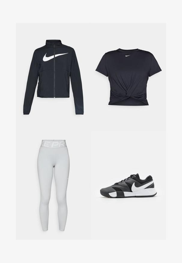 Chaqueta deportiva negra de cremallera completa con cuello alto, mangas largas y gran logo de Nike en blanco en el pecho.; Camiseta atlética negra hecha de tela suave, con un diseño de nudo en la parte delantera y un pequeño logo blanco de Nike en el pecho.; Mallas de longitud completa de Nike Pro de alta cintura en gris claro, con un logo en la cintura y un pequeño swoosh blanco en el muslo izquierdo.; Zapatilla deportiva negra y gris con parte superior texturizada, marca blanca, cordones y suela de goma con patrones de agarre.
