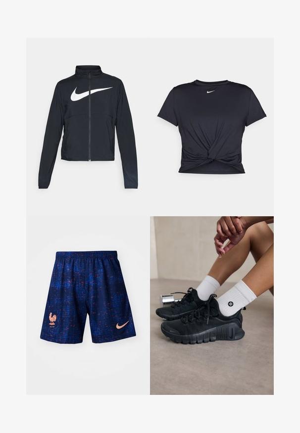 Svart joggebund med hel glidelås, høy krage, lange ermer og stort hvitt Nike swoosh-logo over brystet.; Svart trenings T-skjorte laget av glatt stoff, med en knyttet frontdesign og en liten hvit Nike-logo på brystet.; Nike sportsshort i marineblå med rødt og blått spraglete mønster, med en rosa høne-logo og en rosa Nike swoosh på siden.; Svarte idrettssko med teksturert stoff, snøring og en fremtredende såle, sammen med hvite ribbestrikkede sokker med en liten logo.