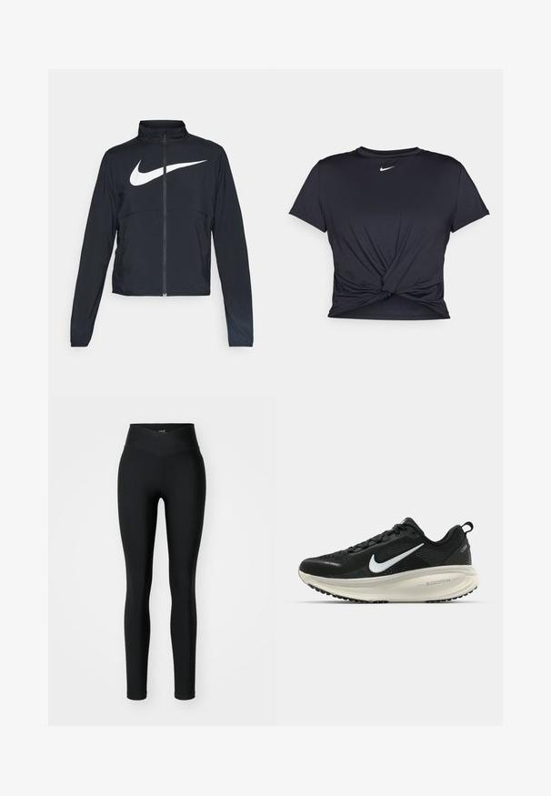 Giacca sportiva nera con zip completa, colletto alto, maniche lunghe e grande logo swoosh bianco Nike sul petto.; Maglietta atletica nera realizzata in tessuto liscio, con un design anteriore annodato e un piccolo logo Nike bianco sul petto.; Leggings neri realizzati in tessuto elastico, con una vita alta e incrociata e un design aderente. Texture liscia senza motivi o dettagli visibili.; Scarpa da corsa nera Nike con tomaia in rete traspirante, logo Swoosh bianco, dettagli testurizzati e intersuola ZoomX di colore crema.