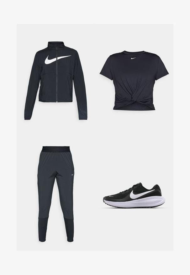 Černá sportovní bunda na zip s vysokým límcem, dlouhými rukávy a velkým bílým logem Nike swoosh přes prsa.; Černé sportovní tričko vyrobené z hladkého materiálu, s uzlovým designem vpředu a malým bílým logem Nike na hrudi.; Nike sportovní kalhoty v tmavě šedé barvě, s tapered nohavicemi, elastickým pasem a akcentními detaily poblíž manžet.; Černá atletická bota s texturovaným síťovaným svrškem, bílým logem swoosh, polstrovaným límcem a silnou, odpruženou bílou mezipodešví. Gumová podešev.