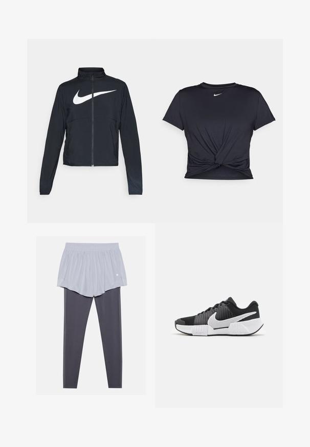 Zwarte sportjas met volledige rits, hoge kraag, lange mouwen en groot wit Nike swoosh-logo op de borst.; Zwarte sportieve T-shirt van gladde stof, met een geknoopt ontwerp aan de voorkant en een klein wit Nike-logo op de borst.; Lichtgrijze sportshorts met een elastische tailleband, gedragen over donkergrijze leggings. Beide materialen zijn soepel, rekbaar en aansluitend.; Zwart-witte sport schoenen met een gestructureerd bovenwerk, een opvallende Nike swoosh en een contrasterend zoolontwerp voor betere grip en stabiliteit.