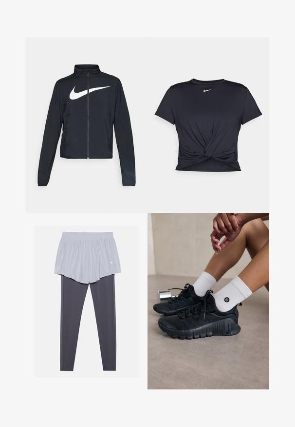 Black full-zip sports jacket with high collar, long sleeves, and large white Nike swoosh logo across the chest.; Black athletic t-shirt made of smooth fabric, featuring a knotted front design and a small white Nike logo on the chest.; Light gray athletic shorts with an elastic waistband layered over dark gray leggings. Both materials are smooth, stretchy, and fitted.; Black athletic shoes with textured fabric, laced design, and a prominent sole, paired with white ribbed socks featuring a small logo.