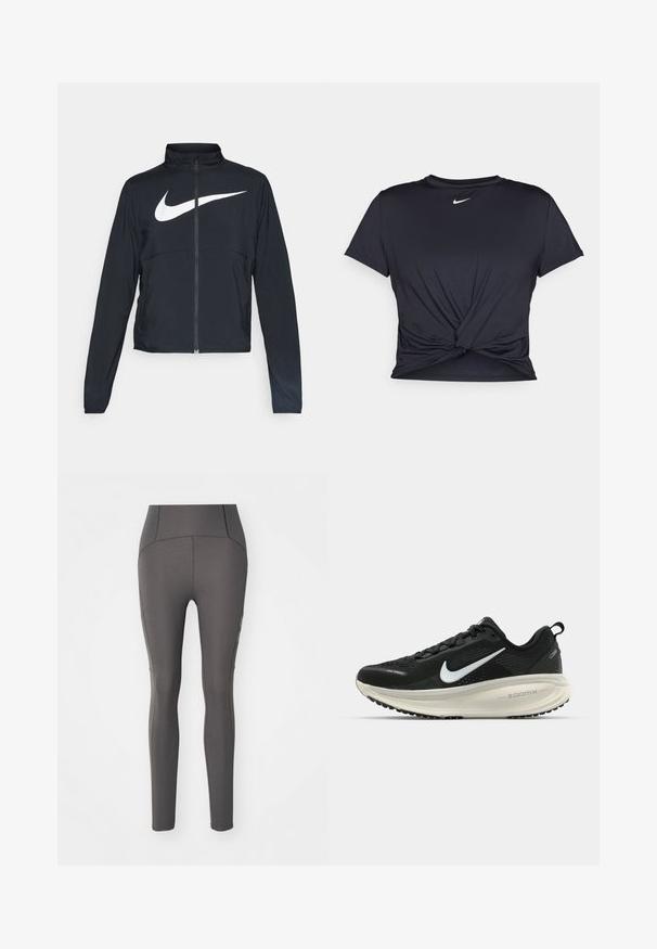 Črna športna jakna z polnim zadrgo, visokim ovratnikom, dolgimi rokavi in velikim belim logotipom Nike swoosh čez prsi.; Črna atletska majica iz gladkega materiala, z vozlanim sprednjim delom in majhnim belim logotipom Nike na prsih.; Sive legice iz gladkega, raztegljivega materiala. Visok pas s diskretnimi šivi in prilegajoča se silhueta.; Črne Nike tekaške čevlje z zračno mrežno zgornjim delom, belim logotipom Swoosh, teksturiranimi detajli in smetanasto barvnim srednjim delom ZoomX.