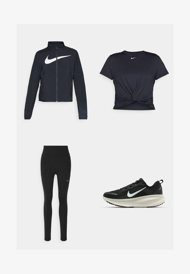 Black full-zip sports jacket with high collar, long sleeves, and large white Nike swoosh logo across the chest.; Black athletic t-shirt made of smooth fabric, featuring a knotted front design and a small white Nike logo on the chest.; Black leggings with a high waist, made from stretchy material. Features a small white logo on the left side and side seam detailing.; Black Nike running shoe with breathable mesh upper, white swoosh logo, textured detailing, and a cream-colored ZoomX midsole.
