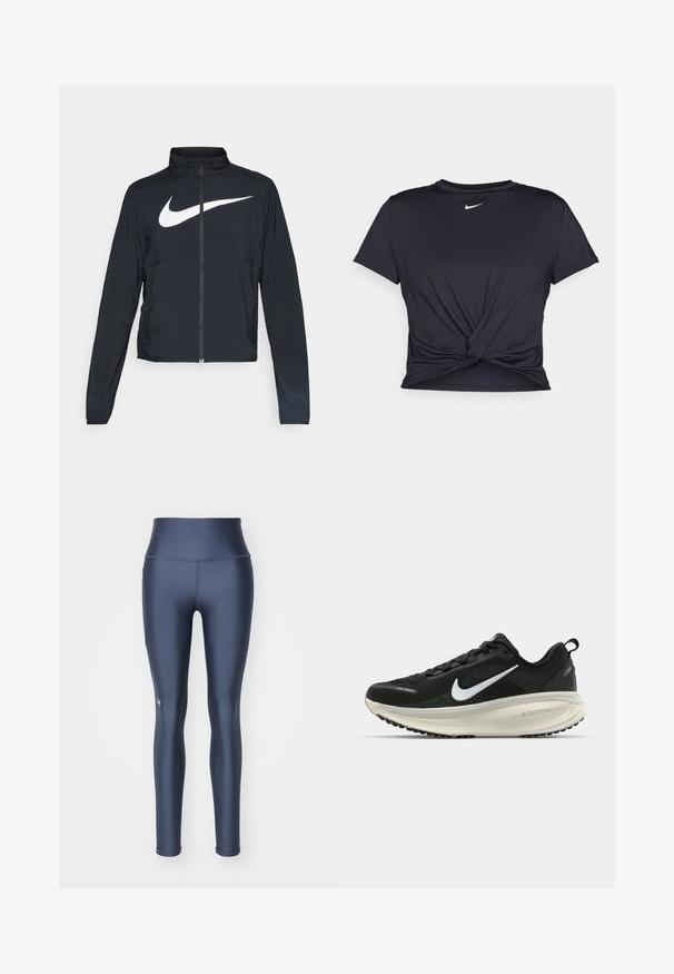 Svart joggebund med hel glidelås, høy krage, lange ermer og stort hvitt Nike swoosh-logo over brystet.; Svart trenings T-skjorte laget av glatt stoff, med en knyttet frontdesign og en liten hvit Nike-logo på brystet.; Mørkeblå legginger laget av glatt, elastisk materiale. Høy midje med elastisk bånd. Har en liten logo nær ankelen.; Svart Nike løpesko med pustende mesh-overdel, hvit swoosh-logo, teksturert detaljer og en kremfarget ZoomX mellomsåle.
