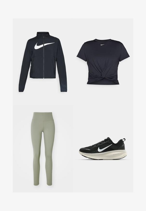 Čierna športová bunda na zips s vysokým golierom, dlhými rukávmi a veľkým bielym logom Nike na hrudi.; Čierne atletické tričko vyrobené z hladkej tkaniny, so zaväzovaným predným dizajnom a malým bielym logom Nike na hrudi.; Olivovo zelené legíny s vysokým pásom, hladkou textúrou a priliehavým dizajnom. Obsahujú bezšvové švy a žiadne viditeľné kovanie.; Čierne bežecké topánky Nike s priedušnou sieťovinou, bielym logom s symbolom swoosh, textúrovanými detailmi a krémovou ZoomX medzipodrážkou.