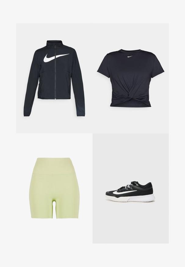 Svart joggebund med hel glidelås, høy krage, lange ermer og stort hvitt Nike swoosh-logo over brystet.; Svart trenings T-skjorte laget av glatt stoff, med en knyttet frontdesign og en liten hvit Nike-logo på brystet.; Høyt liv, lysegrønne shorts laget av elastisk stoff. Glatt tekstur; tettsittende design med en rund utskjæring nederst bak.; Svart treningstøvel med hvite detaljer, med en teksturert overdeler, rund tå, flate lisser og en tykk hvit gummisåle.