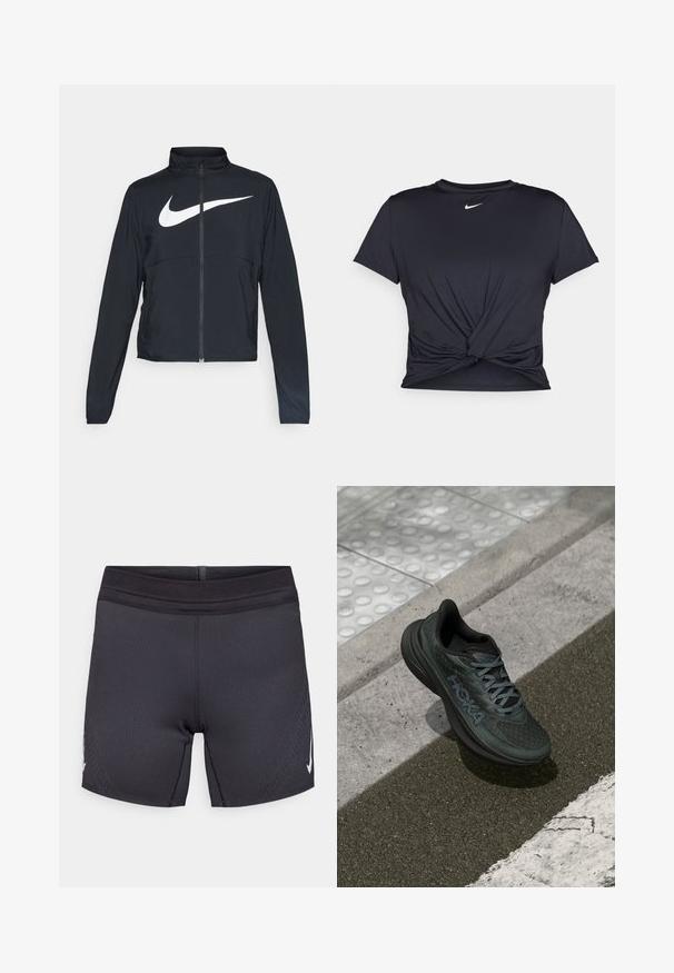 Zwarte sportjas met volledige rits, hoge kraag, lange mouwen en groot wit Nike swoosh-logo op de borst.; Zwarte sportieve T-shirt van gladde stof, met een geknoopt ontwerp aan de voorkant en een klein wit Nike-logo op de borst.; Zwarte sportshorts gemaakt van rekbare stof met een gladde textuur, voorzien van een verstevigde tailleband en een wit logo op de zijkant.; Zwarte hardloopschoen met mesh bovenwerk, getextureerde accenten en logo, met een gevoerde zool en grijze veters, geplaatst op het trottoir.