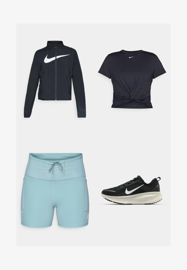 Črna športna jakna z polnim zadrgo, visokim ovratnikom, dolgimi rokavi in velikim belim logotipom Nike swoosh čez prsi.; Črna atletska majica iz gladkega materiala, z vozlanim sprednjim delom in majhnim belim logotipom Nike na prsih.; Svetlo modri športni šortsi z širokim elastičnim pasom, vrvico in stranskimi žepi. Gladka tkanina z ravnim šivom za udobje.; Črne Nike tekaške čevlje z zračno mrežno zgornjim delom, belim logotipom Swoosh, teksturiranimi detajli in smetanasto barvnim srednjim delom ZoomX.