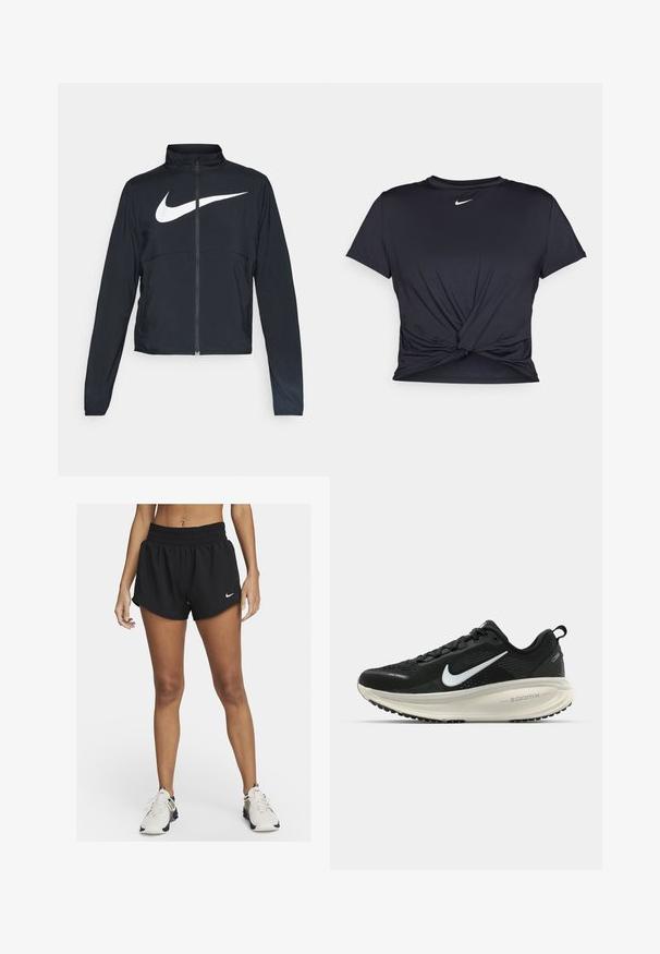 Black full-zip sports jacket with high collar, long sleeves, and large white Nike swoosh logo across the chest.; Black athletic t-shirt made of smooth fabric, featuring a knotted front design and a small white Nike logo on the chest.; Black athletic shorts with a loose fit, elastic waistband, and curved hemline. Features a small white Nike logo on the lower left side.; Black Nike running shoe with breathable mesh upper, white swoosh logo, textured detailing, and a cream-colored ZoomX midsole.