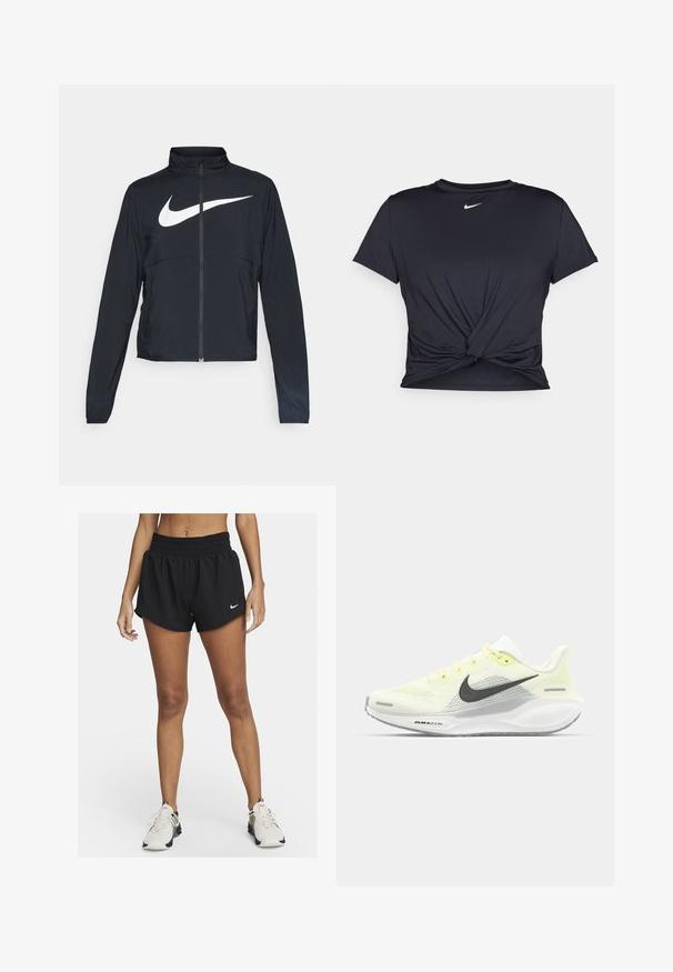 Zwarte sportjas met volledige rits, hoge kraag, lange mouwen en groot wit Nike swoosh-logo op de borst.; Zwarte sportieve T-shirt van gladde stof, met een geknoopt ontwerp aan de voorkant en een klein wit Nike-logo op de borst.; Zwarte sportshorts met een losse pasvorm, elastische tailleband en een gebogen zoom. Heeft een klein wit Nike-logo aan de onderkant aan de linkerkant.; Nike hardloopschoenen met een lichtgele en witte mesh bovenkant, grijze accenten en een flexibele rubberen zool. Voorzien van een vetersluiting.