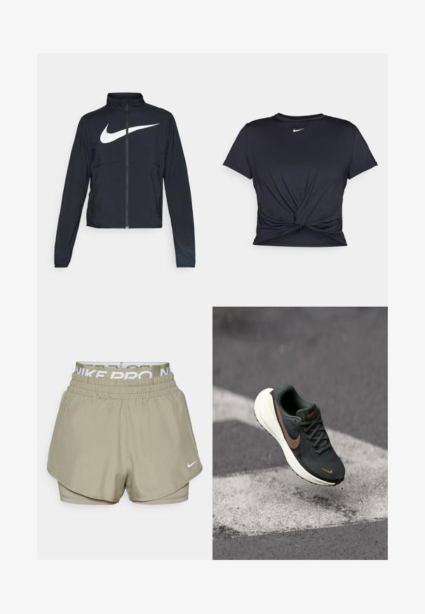 Black full-zip sports jacket with high collar, long sleeves, and large white Nike swoosh logo across the chest.; Black athletic t-shirt made of smooth fabric, featuring a knotted front design and a small white Nike logo on the chest.; Nike Pro shorts in olive green, featuring a lightweight fabric, elastic waistband with white branding, and a layered design.; Black mesh running shoe with a textured upper, a brown Nike swoosh, and a white cushioned sole, suspended above a gray surface.