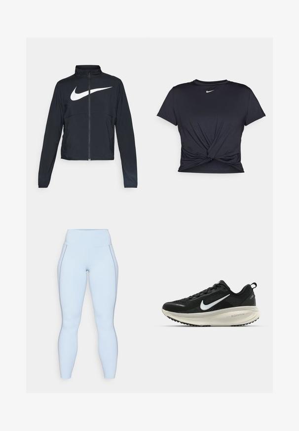 Casaco desportivo preto com fecho éclair completo, gola alta, mangas longas e grande logótipo branco da Nike na parte frontal.; T-shirt atlético preto feito de tecido liso, apresentando um design frontal com nó e um pequeno logótipo branco da Nike no peito.; Leggings azul claro com cintura alta, textura suave e costuras em contraste nas laterais. Design de comprimento total.; Sapatilha de corrida Nike preta com parte superior de malha respirável, logotipo Swoosh branco, detalhes texturizados e uma entressola ZoomX na cor creme.