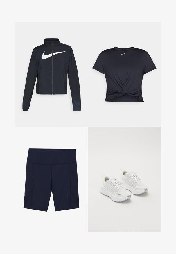 Giacca sportiva nera con zip completa, colletto alto, maniche lunghe e grande logo swoosh bianco Nike sul petto.; Maglietta atletica nera realizzata in tessuto liscio, con un design anteriore annodato e un piccolo logo Nike bianco sul petto.; Pantaloni sportivi blu navy con texture liscia, vita alta e due tasche laterali. Presentano dettagli di cucitura a contrasto e una forma attillata.; Scarpe da ginnastica bianche con tomaia in rete testurizzata, suola ammortizzata e sottili dettagli grigi. Comprendono il branding e una linguetta sul tallone per una facile calzata.