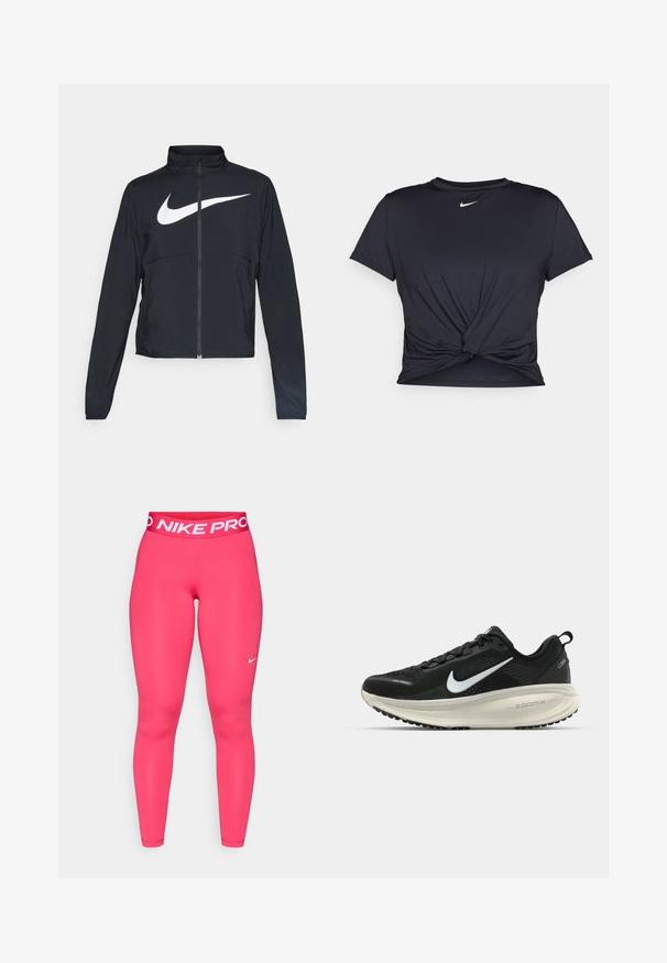 Black full-zip sports jacket with high collar, long sleeves, and large white Nike swoosh logo across the chest.; Black athletic t-shirt made of smooth fabric, featuring a knotted front design and a small white Nike logo on the chest.; Pink Nike Pro leggings with a wide elastic waistband featuring white "NIKE PRO" text and a small white logo on the left thigh.; Black Nike running shoe with breathable mesh upper, white swoosh logo, textured detailing, and a cream-colored ZoomX midsole.