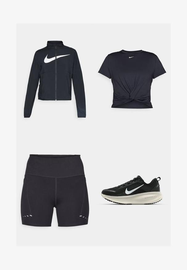 Giacca sportiva nera con zip completa, colletto alto, maniche lunghe e grande logo swoosh bianco Nike sul petto.; Maglietta atletica nera realizzata in tessuto liscio, con un design anteriore annodato e un piccolo logo Nike bianco sul petto.; Pantaloni sportivi neri con una texture liscia, vita alta e accenti bianchi a contrasto sui lati. Realizzati in materiale elasticizzato e traspirante.; Scarpa da corsa nera Nike con tomaia in rete traspirante, logo Swoosh bianco, dettagli testurizzati e intersuola ZoomX di colore crema.