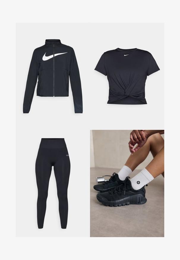 Čierna športová bunda na zips s vysokým golierom, dlhými rukávmi a veľkým bielym logom Nike na hrudi.; Čierne atletické tričko vyrobené z hladkej tkaniny, so zaväzovaným predným dizajnom a malým bielym logom Nike na hrudi.; Vysoké čierne legíny so hladkým, elastickým materiálom. Majú logo na hornej časti nohavice a textúrované akcenty po stranách.; Čierne športové topánky s textúrovanou látkou, šnurovací dizajn a výrazná podrážka, doplnené o biele rebrované ponožky s malým logom.