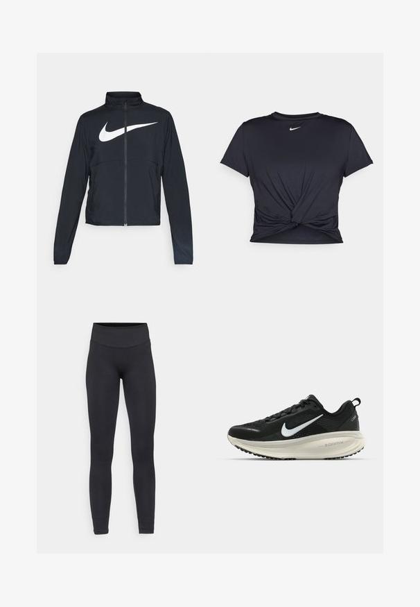 Casaco desportivo preto com fecho éclair completo, gola alta, mangas longas e grande logótipo branco da Nike na parte frontal.; T-shirt atlético preto feito de tecido liso, apresentando um design frontal com nó e um pequeno logótipo branco da Nike no peito.; Leggings pretos feitos de tecido elástico, com uma cintura alta, design sem costuras e pernas ajustadas, adequados para várias atividades.; Sapatilha de corrida Nike preta com parte superior de malha respirável, logotipo Swoosh branco, detalhes texturizados e uma entressola ZoomX na cor creme.