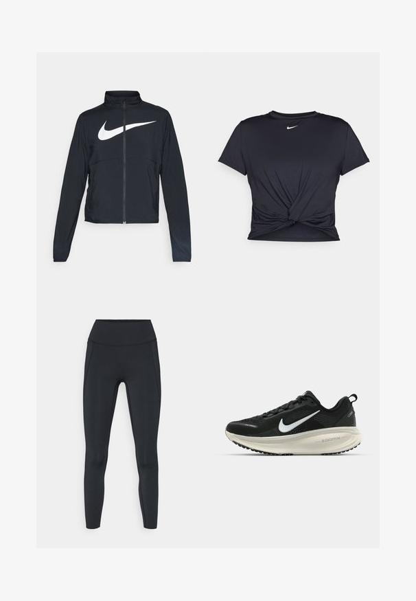 Schwarze Sportjacke mit vollem Reißverschluss, hohem Kragen, langen Ärmeln und großem weißen Nike-Swoosh-Logo auf der Brust.; Schwarzes Sport-T-Shirt aus glattem Stoff, mit einem geknoteten Vorderdesign und einem kleinen weißen Nike-Logo auf der Brust.; Hochtaillierte schwarze Leggings aus dehnbarem Material, mit verstärkten Nähten und einer glatten Textur. Das Design enthält keine sichtbaren Logos oder Muster.; Schwarzer Nike-Laufschuh mit atmungsaktivem Mesh-Obermaterial, weißem Swoosh-Logo, strukturierten Details und einer cremefarbenen ZoomX-Zwischensohle.