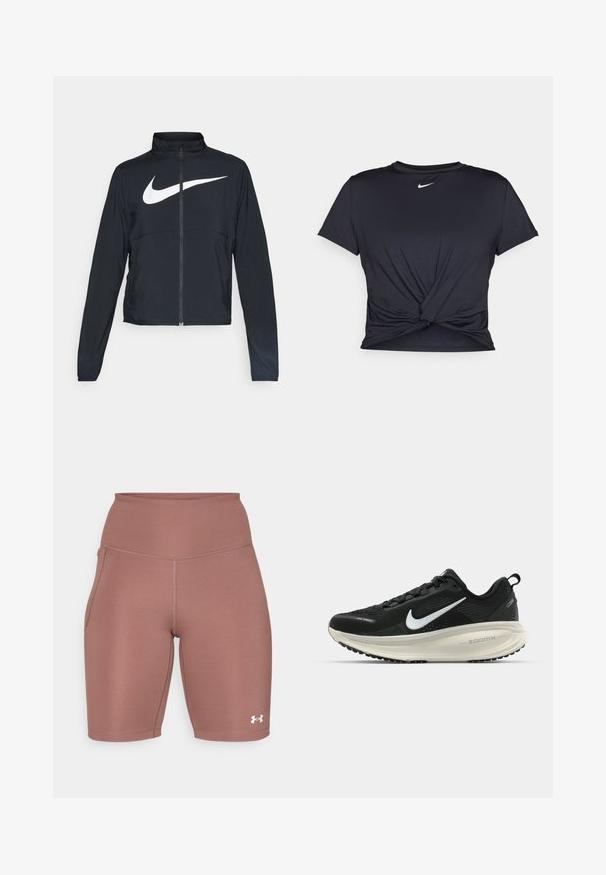 Melnā sporta jaka ar pilnu rāvējslēdzēju, augstu apkakli, garām piedurknēm un lielu baltu Nike swoosh logotipu krūšu daļā.; Melna sporta t-kreklu ar gludu audumu, ar mezglošanas priekšpusi un mazu baltu Nike logotipu uz krūšu daļas.; Augstas jostas sporta šorti bālganā rozā krāsā. Izgatavoti no gludas, elastīgas auduma, ar sānu kabatu un baltu logotipa akcentu pie malām.; Melnas Nike skriešanas kurpes ar elpojošu acs augšdaļu, baltu Swoosh logotipu, strukturētu apdari un krēmkrāsas ZoomX starpsole.