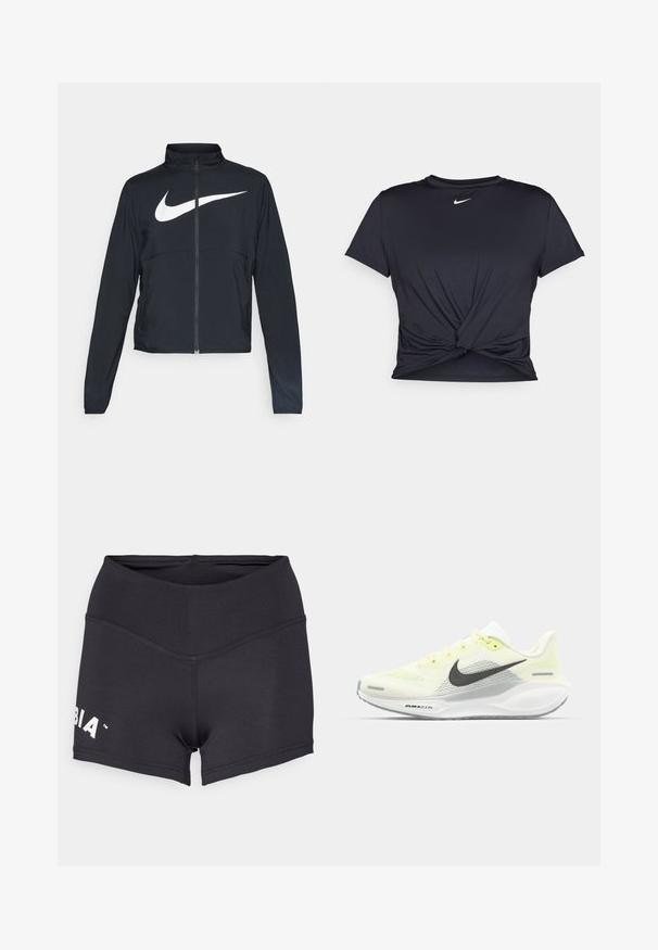 Giacca sportiva nera con zip completa, colletto alto, maniche lunghe e grande logo swoosh bianco Nike sul petto.; Maglietta atletica nera realizzata in tessuto liscio, con un design anteriore annodato e un piccolo logo Nike bianco sul petto.; Shorts atletici neri realizzati in tessuto elastico, dotati di una vita alta e di un logo sul lato sinistro. Texture liscia e design aderente.; Scarpe da corsa Nike con una tomaia in rete giallo chiaro e bianco, dettagli grigi e una suola in gomma flessibile. Presentano una chiusura con lacci.