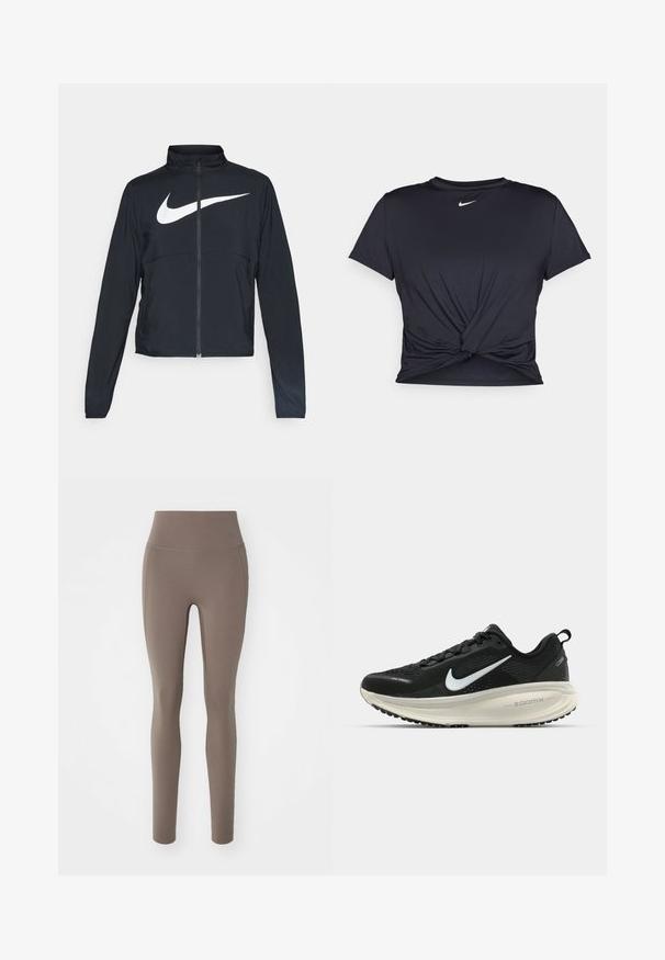 Giacca sportiva nera con zip completa, colletto alto, maniche lunghe e grande logo swoosh bianco Nike sul petto.; Maglietta atletica nera realizzata in tessuto liscio, con un design anteriore annodato e un piccolo logo Nike bianco sul petto.; Leggings marroni a vita alta realizzati in materiale elasticizzato con una texture liscia, caratterizzati da un design senza cuciture e una silhouette alla caviglia.; Scarpa da corsa nera Nike con tomaia in rete traspirante, logo Swoosh bianco, dettagli testurizzati e intersuola ZoomX di colore crema.
