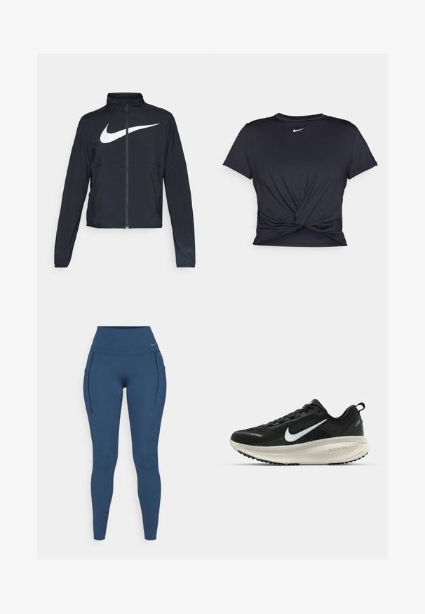Svart joggebund med hel glidelås, høy krage, lange ermer og stort hvitt Nike swoosh-logo over brystet.; Svart trenings T-skjorte laget av glatt stoff, med en knyttet frontdesign og en liten hvit Nike-logo på brystet.; Nike Performance UNIVERSA - Tights - armory navy/black; Svart Nike løpesko med pustende mesh-overdel, hvit swoosh-logo, teksturert detaljer og en kremfarget ZoomX mellomsåle.