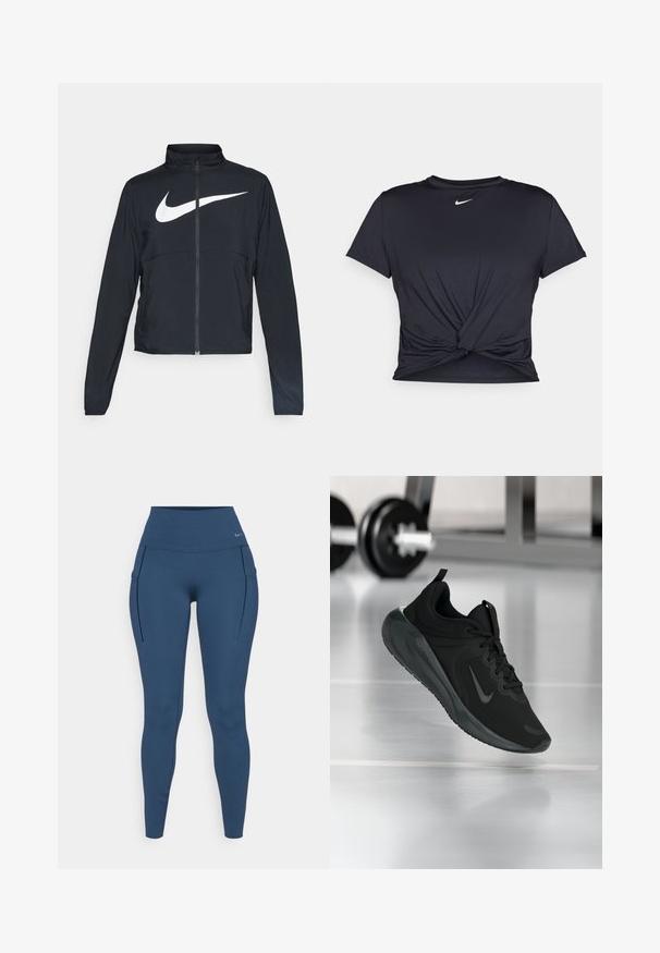 Čierna športová bunda na zips s vysokým golierom, dlhými rukávmi a veľkým bielym logom Nike na hrudi.; Čierne atletické tričko vyrobené z hladkej tkaniny, so zaväzovaným predným dizajnom a malým bielym logom Nike na hrudi.; Nike Performance UNIVERSA - Legíny - armory navy/black; Čierne športové tenisky s logom Nike, zobrazené vo vzduchu na podlahe telocvične, s rozmazaným regálom činkami v pozadí.
